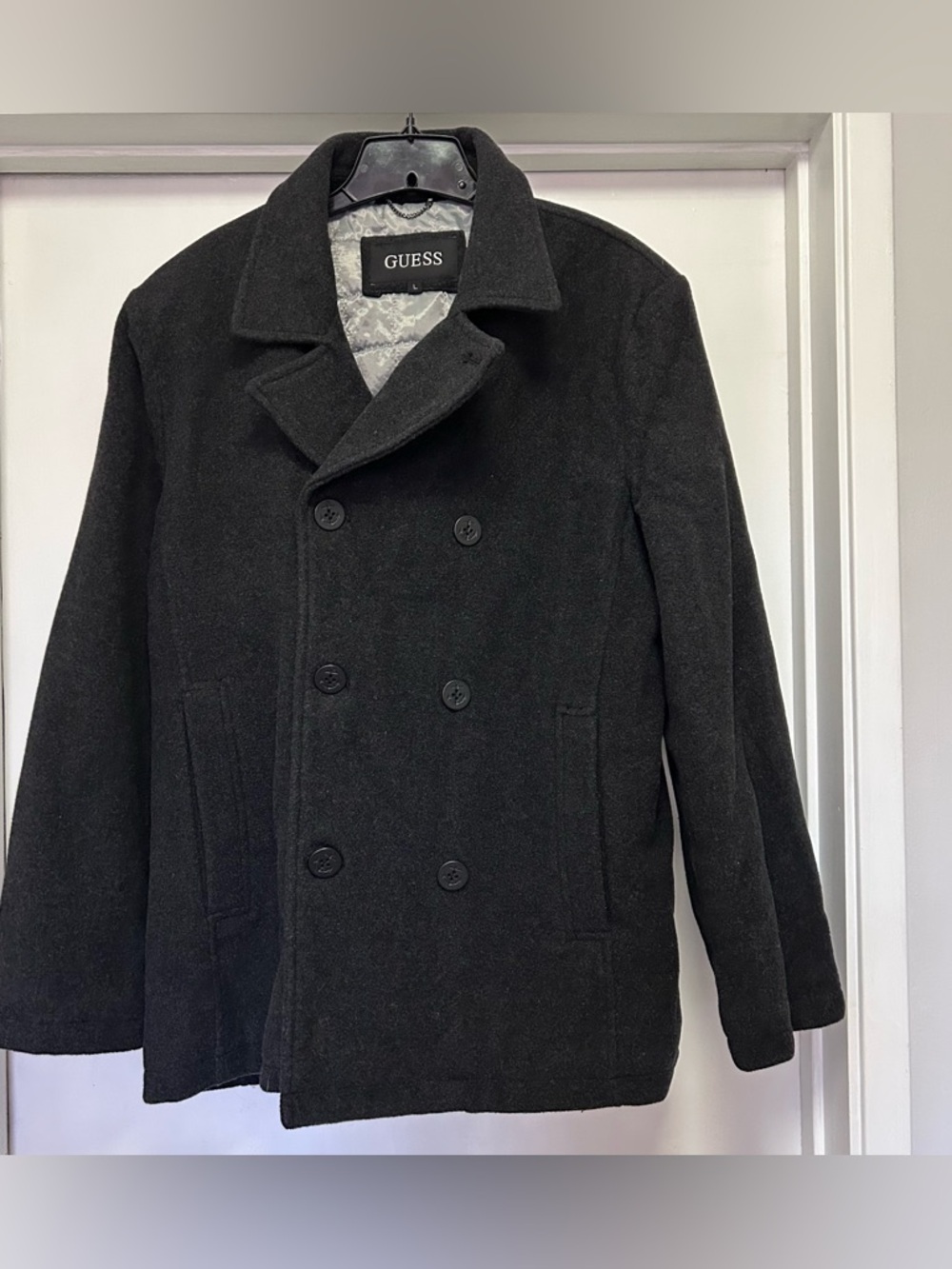 GUESS Mens Wool Blend Pea Coat L Double Breasted Jacket Preppy Y2K Classic